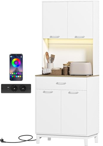 HOMCOM Alacena de Cocina con Luces LED y Estación de Carga, Control por APP, Mueble Auxiliar de Cocina con 4 Puertas, Cajón, Encimera Abierta para Microondas, Estantes Ajustables, 71x40x180 cm, Blanco