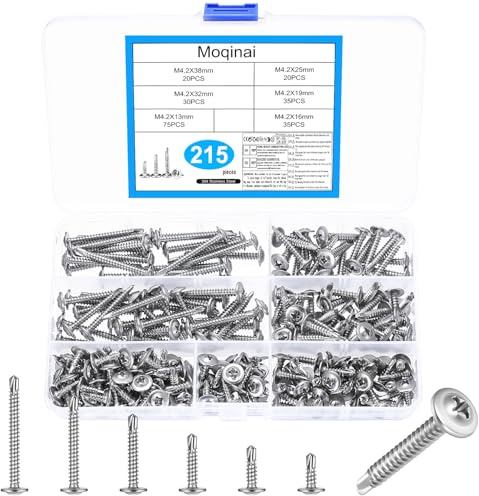 215 pcs M4.2 Stainless Steel Self Drilling Screws Set, Self Tapping Screws for Metal, Wood & Stainless Steel, Cross Head Pan Head Screws Assortment, Metal Fixing Screws Kit for Construction, Machinery
