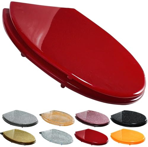 Siège de toilette à paillettes robuste avec fermeture douce et libération rapide, installation facile, fixation haut/bas, décoration de salle de bain rouge élégante et durable