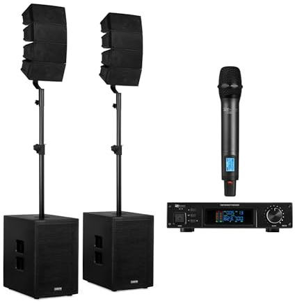 Vonyx VX922 – Pack Sistema PA 2.2 Line Array 1600W con 2 subwoofers 12, Bluetooth 5.0, DSP, Incluye microfono inalambrico UHF PD210 y Cable XLR 0.5m, Equipo Sonido Profesional para DJ y Eventos