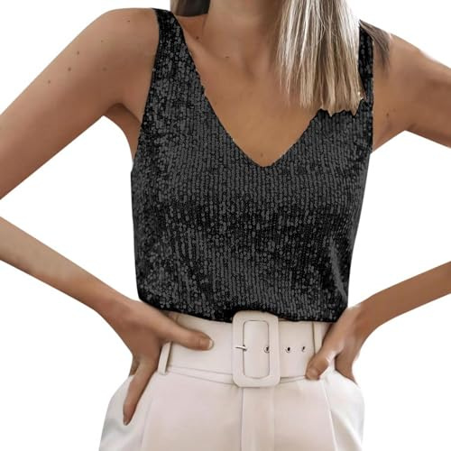 Camiseta sin Mangas con Lentejuelas para Mujer Camisetas Sin Mangas con Brillos Y Brillos Top con Lentejuelas Brillantes Camisetas sin Mangas con Purpurina para Fiestas Rave Top Verano Cuello en V