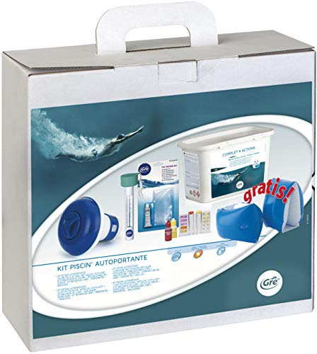 Gre 76054 - Kit Trattamento per Piscine da 5 a 15m³: 4 azioni 1kg pastiglie da 20g + dosatore + termometro + Kit analisi + braccioli + Kit Riparazione Liner