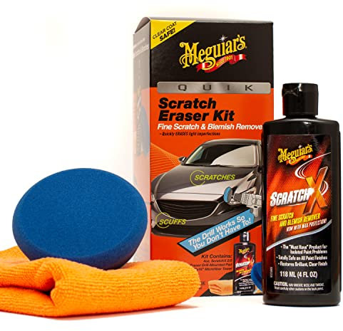 Meguiar’s Quik Scratch Eraser Kit, Car Scratch Remover That Removes Blemishes, Includes Meguiar’s ScratchX, Drill-Mounted Pad, Microfiber Towel