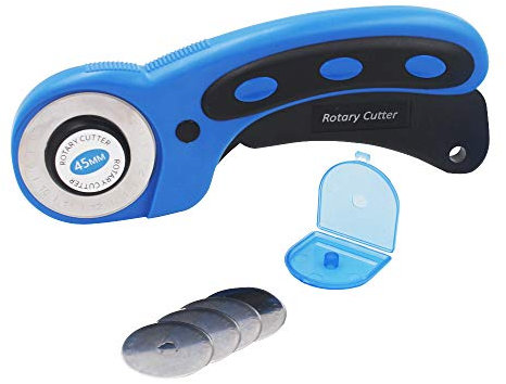 Cortador rotatorio, cortador tela CESFONJER con cuchilla incluida y 4 cuchillas repuesto 45 mm, cortador rodillo, cortador cartón, cortador artesanal azul negro para tela acolchado, manualidades