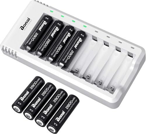 BONAI Cargador Pilas Recargables AA y AAA Inteligente LED 8 Ranuras Independiente Carga Rápida USB con 8 Unidades de AA 2800mAh Ni-MH Pilas Recargables