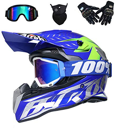VOMI® Moto Motocross Casques, Casque Cross Off Road Intégral Parasol, Gants, Lunettes, Masque, D. O. T Standard Enfants Quad Bike VTT Go Karting Rouge,Bleu,L