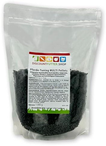 DISCOUNTFUTTER.SHOP Pferde Tuning Multi Pellets 1,5 kg I Magnesium, Zink, Selen, Aminosäuren für den Muskelaufbau für Pferde, reichhaltig an Spirulina, Carnitin, Vitamin E, Lysin, Pferdefutter