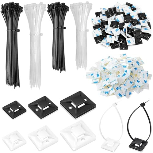 TTYSHIP® 200 Pezzi Supporto Base per Fascette + 200 Pezzi Fascette Plastica, Fascette Stringicavo Adesivo per Gestione dei Cavi in ​​Casa e in Ufficio (Nero, Bianco)