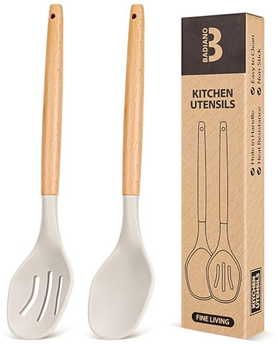 Badiano Large Silicone Cooking Spoons Set, Solid & Slotted, 2 Pack, Khaki