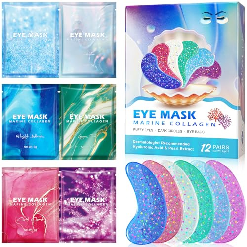 Mascara Para los Ojos con Colágeno Marino Natural & Ácido Hialurónico, Parches Ojos Bolsas y Ojeras, Perlas Contorno de Ojos, Corrector Ojeras Mascarilla Ojos, Eye Patches, Reduce las Arrugas (12 PCS)