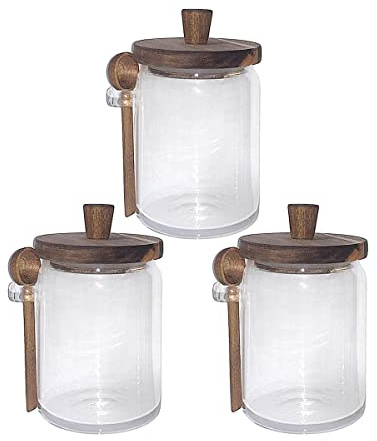 Piscepio Set of 3 Glass Jars Containers with Wooden Lids and Scoop Clear Canister Jars Set with Spoon for Kitchen Food Storage Coffee Tea Sugar Decorative Countertop Organization Jars 31 oz (3)