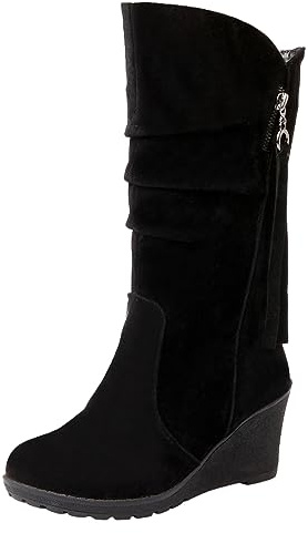 rismart Femme Souple Botte mi-mollet Talon Compensé Mince Doublé de Fourrure Daim Cuir Chaussures d'hiver Noir,36