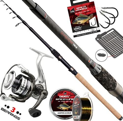 Fischzeux Karpfen Set Shadow-Light Profi - Tele Karpfenrute mit Rolle und Schnur Angelset (3,00 m)
