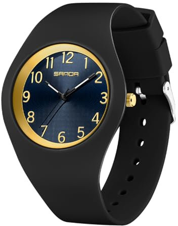 Damenuhr mit Silikonband, großes Zifferblatt, wasserdicht, Sport, Damen-Armbanduhr, modisch, lässig, einfach, Quarz, analoge Uhren für Frauen und Mädchen, schwarz/Gold, Armband