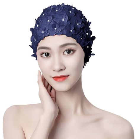 Bonnet de Bain pour Femmes en Tissu Bonnet de Natation Motif de Pétales de Fleur 3D Bonnet de Bain Piscine Protection Cheveux Longs et Courts Chapeau de Bain pour Plage