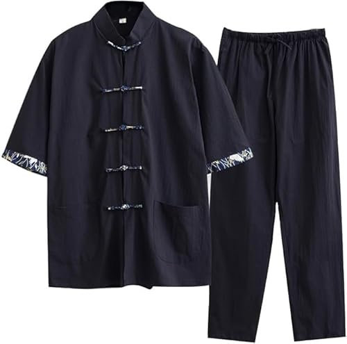 Traditioneller chinesischer Tang-Anzug, Kung-Fu-Hemd aus Baumwollleinen, Kampfsportanzug, kurzärmliges Hemd und Hose, lockere Shaolin-Tai-Chi-Kleidung in Übergröße, Wing-Chun-Uniform(Black,XXXXXXXX-La