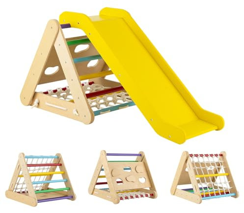 HOMASIS 4 in 1 Klettergerüste mit Rutsche, Kletterdreiecke für Kinder, Spielplatz aus Holz, Montessorie Kletterspielzeug für Kinder ab 1+ Jahren, Sprossendreieck Max. Kapazität 60 kg (Bunt)