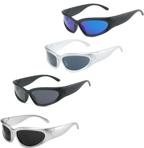 YQBFTC Y2K Lunettes de Cyclisme pour Homme et Femme, Lot de 4 Lunettes de Soleil Polarisées Ovales Stylées, Lunettes de Sport Entourantes, Lunettes de Soleil Ovales à Protection UV400, Mode Futuriste