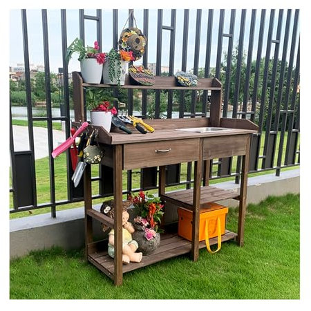 Panca da giardino per esterni, tavolo per germinazione per orticoltura, tavolo da lavoro per piantare banco da lavoro in legno, per patio, giardino, serra, cortile (marrone)