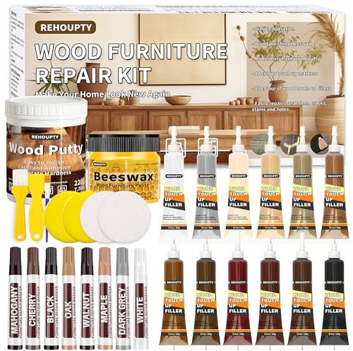 REHOUPTY Kit de Reparación de Muebles de Madera Incluye Masilla para Madera y Cera de Abejas & 12 Colores Reparador de Madera, 8 Colores Rotulador Reparador de Madera para Reparar Arañazos Grietas