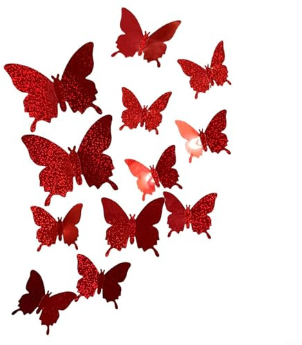 Pegatinas de pared 3D mariposa 12 piezas para decoración del hogar, jardín y boda (rojo)