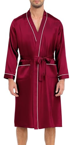 Lovasy Mens Silk Dressing Gown Lightweight Satin Robe for Men Summer Kimono Dressing Gown Long Sleeve Bathrobe Soft Spa Silky Robes with Belt and Pockets Loungewear Nightwear,Red,L