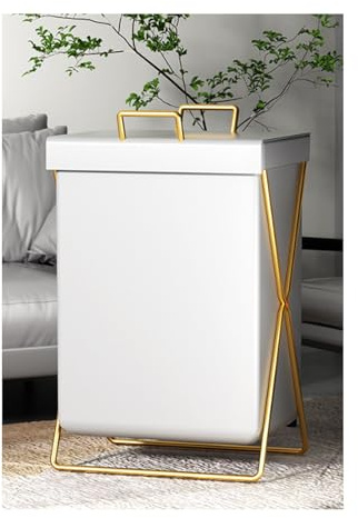 Panier à linge pliable – Cadre en métal noir/doré de luxe avec trieur de sacs en cuir et couvercle, panier pliable pour vêtements, jouets