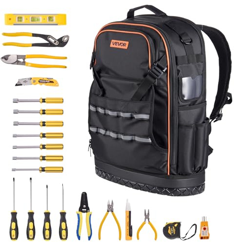 VEVOR Werkzeugrucksack mit 65 Taschen, Backpack inkl. 21-teiliges Werkzeugset, Werkzeugtasche mit Laptopfach, für Elektriker, Reparaturtechniker und Heizungs-, Lüftungs- und Klimatechniker