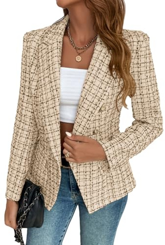 Mina Self 2025 Fall Winter Women’s Tweed Plaid Blazer - Double Breasted Work Casual Jacket with Pockets, Cream, XL