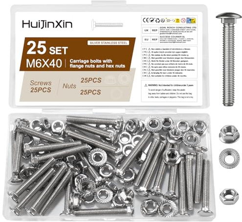 25 Sets M6 Bolt Set, M6 x 40mm Coach Bolts, Cup Square Carriage Bolts and Nuts Set, Stainless Steel Coach Screws, Carriage Screws with Hex Flange Nuts (25, M6x40)