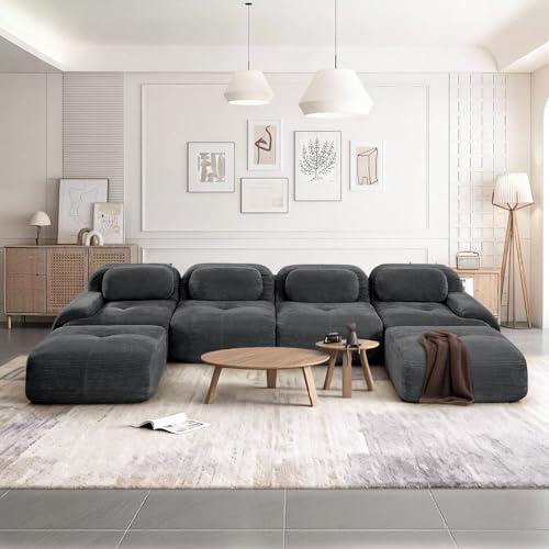 SoarFlash Sofá Moderno Modular, Tela côtelé, Asiento Profundo + reposabrazos Anchos, sin Necesidad de ensamblaje, sofá 4 plazas Tipo U, Gris Oscuro