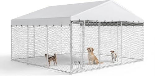 Outdoor Dog Kennel with Rotating Feeder Bowls & UV-Resistant Waterproof Cover, 14.8×14.8×7.9FT Outside Dog Enclosure for Yard, Heavy Duty Dogs Cage for Medium Large Dogs