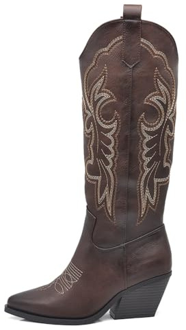 IF Stivali Texani Donna al Ginocchio Stile Western Cowboy con Ricami Effetto Vintage Tacco Medio Punta Affusolata J31 brown N.38