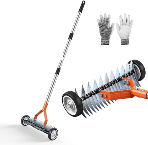 Viugreum 170cm Handvertikutierer mit Rollen, Vertikutierer Rechen mit Stiel, Metall Schneidrechen Garten,Abnehmbar,Verstellbarer Vertikutierrechen,Vertikutierharke für Garten,Hof,Rasen(Silber)
