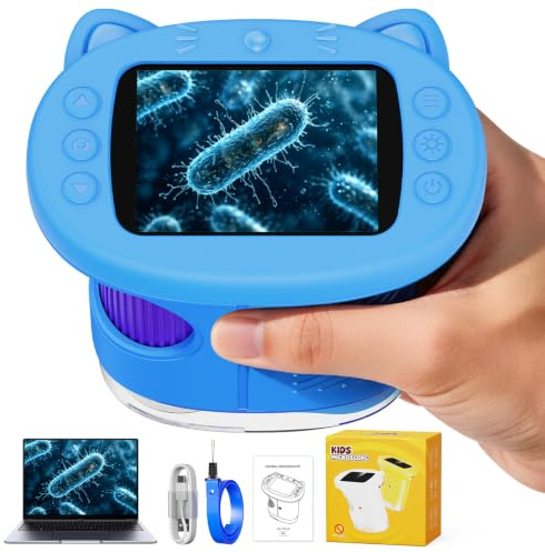 ASPOVEN Microscope pour Enfants 1000x, Poche Microscope Portable (Bleu) | Microscope Aventure avec Écran 2,4 Pouces, Vidéo, Fonction Photo et Compatible PC, Cadeau pour Garçons et Filles