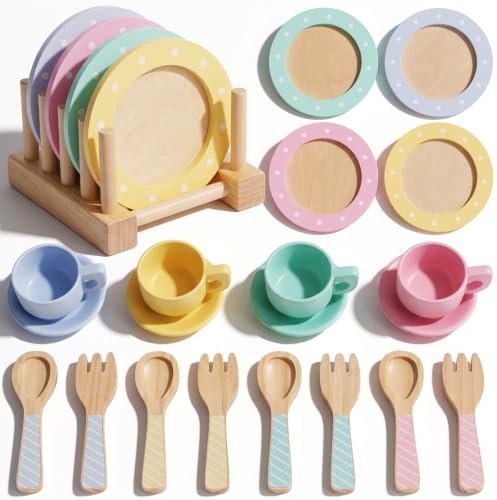 WOODENFUN Vaisselle poupée Bois Pastel, Jeu de rôle Cuisine Accessoires 3 Ans