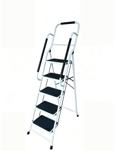 Escabeau avec Main Courante BM TOOLS BMT-ESC-5-MC-RENFORT, 5 marches - Échelle Multi-Usage Intérieur/Extérieur, avec Renfort