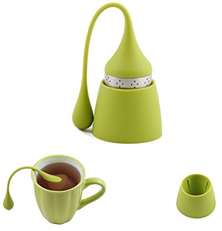 iNebo Silicone Tea Infuser, Loose Leaf Tea Filter,Tea Strainer with Drip-Collector Stand, Easy use, Stainless Steel,100% Food Grade Silicone Infuser Ball Tea Strainer (1 Pack,Green)