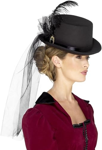 Smiffy's Smiffys Sombrero de copa victoriano para mujeres deluxe, Negro, con borde interior elástico, plumas, velo y broche Halloween, Carnaval