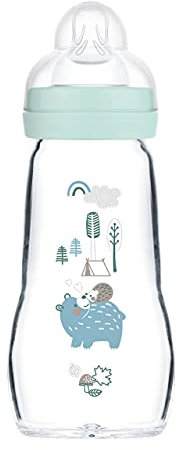 MAM Feel Good Gourde en Verre pour bébé avec tétine Taille 1 à partir de la Naissance Motif Ours/hérisson 260 ML
