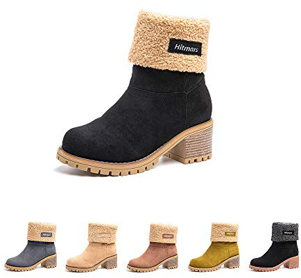 Hitmars Womens Winter Boots Ladies Fur Lined Mid Calf Boots Flat Slip On Suede Leather Warm Snow Boots Comfort Black Size 5 UK