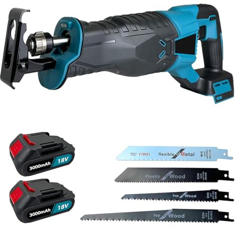 Scie sabre sans fil 18 V sans balais pour Makita avec 4 lames de scie à vitesse variable de 0 à 3000 SPM, pour bois et métal et aluminium (2 batteries Li-ion de 3,0 Ah et chargeur)