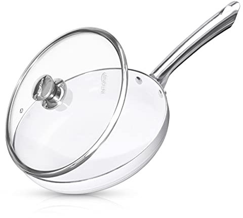 INTIGNIS Padella 24cm a induzione con coperchio in vetro, bordo alto, rivestimento antiaderente chimico rinforzato in ceramica, coperchio in vetro a prova di forno (24 cm, Bianca)