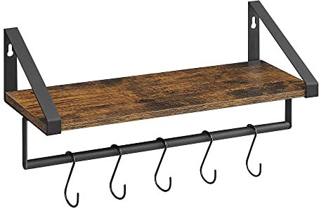 VASAGLE Wandregal mit Kleiderstange, Schweberegal, Wandboard, mit Ablage, 5 Haken, Aufbewahrung, an der Wand, für Küche, Schlafzimmer, Flur, Eingangsbereich, vintagebraun-schwarz LWS420B01