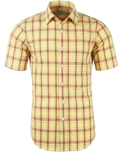 Mens Casual Regular Fit Short Sleeve Button Down Plaid Checked Shirts Yellow-01, M