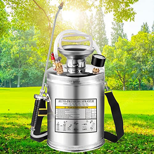 Kweetle 1 gallon pumpspruta i rostfritt stål, förstärkt rör, handpumpspruta med tryckmätare och säkerhetsventil, justerbart munstycke lämpligt för trädgårdsarbete (1 gallon)