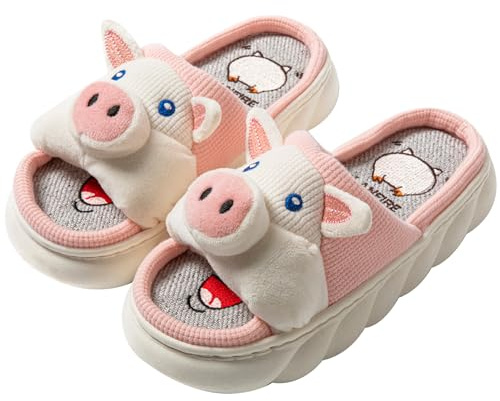 LANFIRE Open toe Women slippers Frog Cow Pig animal slippers Linen home slippers Fun cartoon slippers (White, adult, women, numeric_3, numeric_range, uk_footwear_size_system, numeric_4, medium)