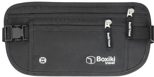 Boxiki Travel Marsupio portasoldi da viaggio - Marsupio nascosto con blocco RFID per contenere contanti, passaporto, carte di credito e documenti di viaggio - Marsupio sottile per uomo e donna - Nero