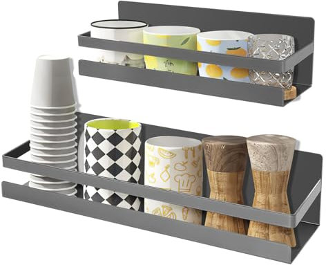 Uten Gewürzregal Kühlschrank Regal magnetisch, Gewürzhalter hängend ohne bohren Wandregal Gewürz Organizer aus Edelstahl, 2er Set (Grau)