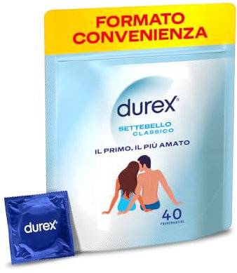 Durex Settebello Classico, Preservativi Durex Classici, Formato Convenienza, Confezione Riciclabile Salvaspazio, 40 Profilattici